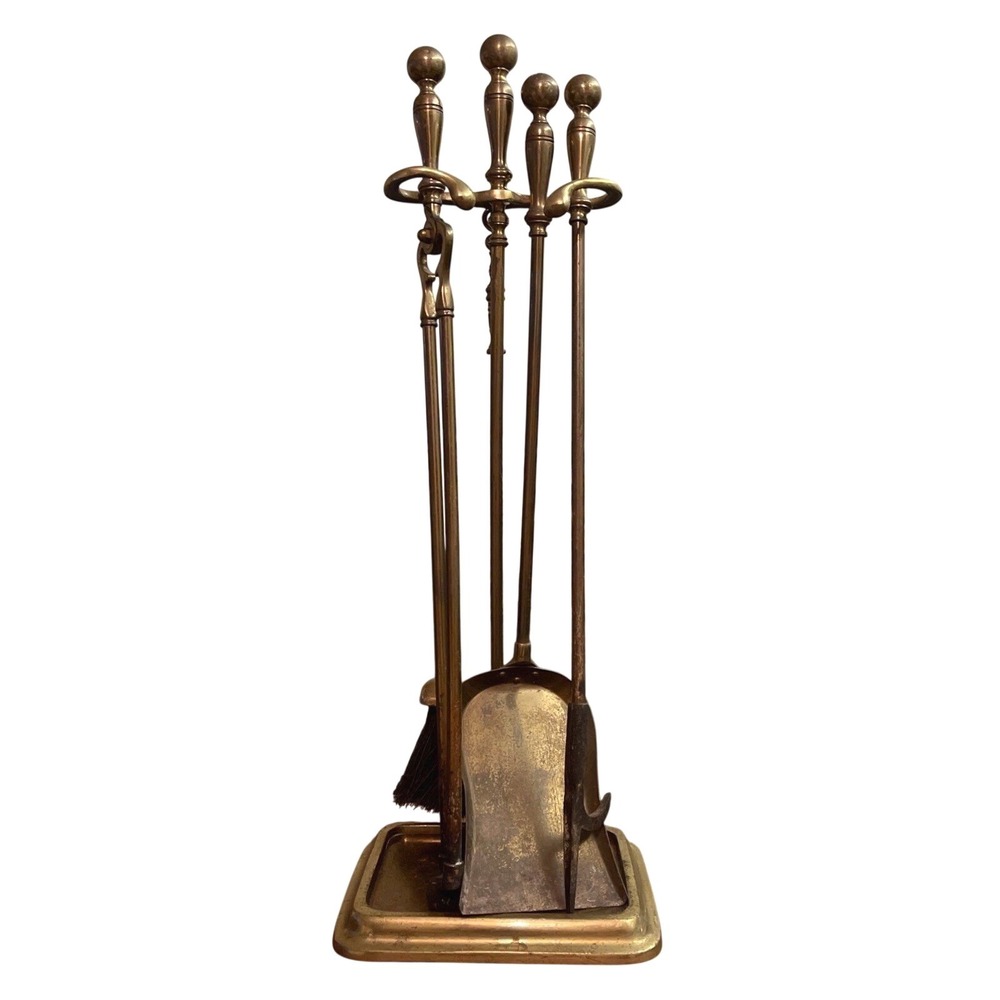 Vtg 5 Piece Brass Hollywood Regency Fireplace Tool Set Stand 28" Cottage Cabin